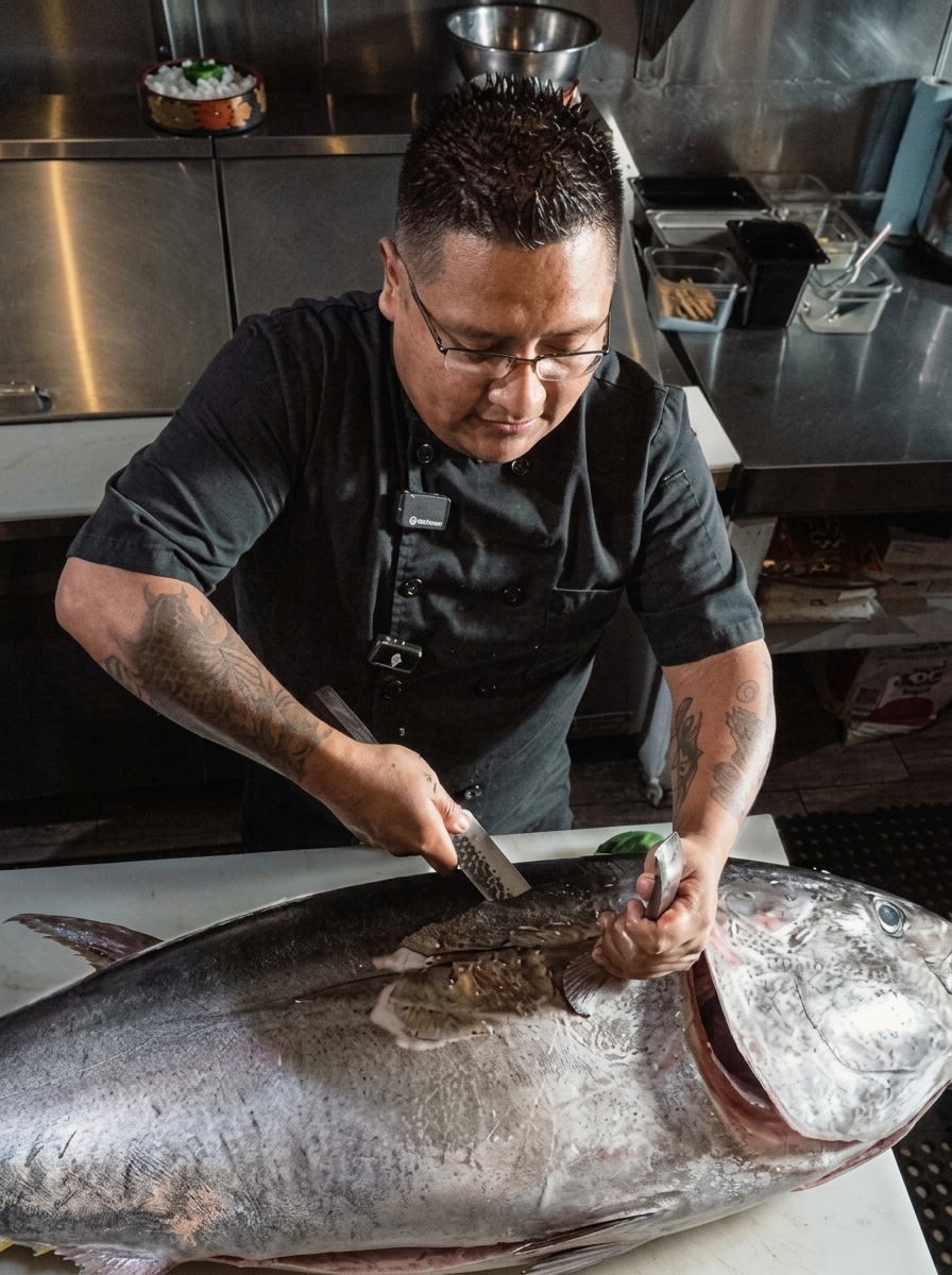 Chef de Dekki preparando atún entero