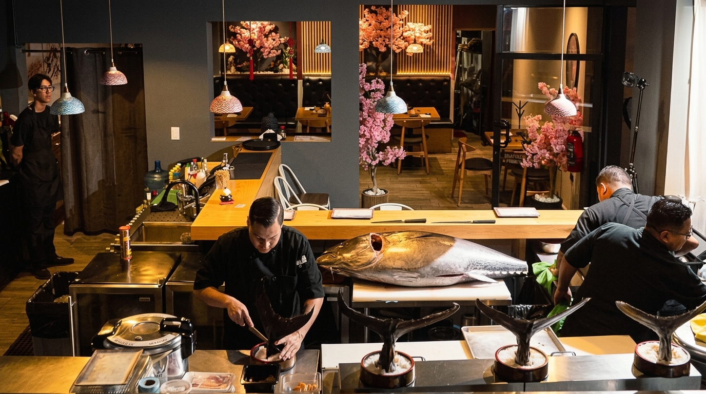 Interior de Dekki con chef y atún sobre la barra